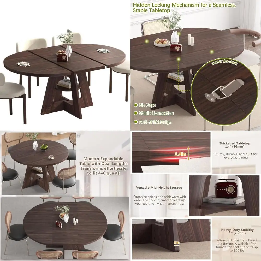 Oval Extendable Dining Table for 4-8, Black Walnut, Storage Shelf, Space-Saving Kitchen & Dining