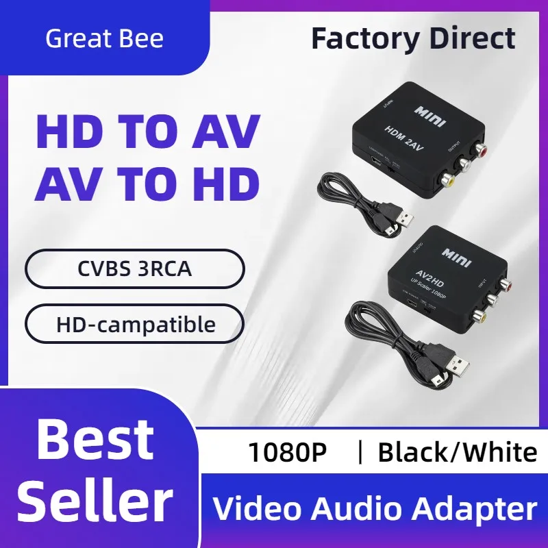 Convertidor HDMI compatible con RCA AV, adaptador compuesto AV a HDMI de 1080P para TV Xbox Wii PS N64 DVD