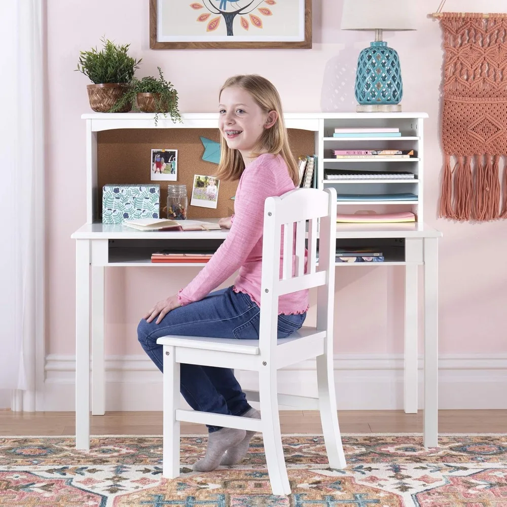 Bureau multimédia et chaise pour enfants, blanc, bureau d'ordinateur d'étude pour enfants avec clapier et rangement, meubles de chambre en bois pour enfants