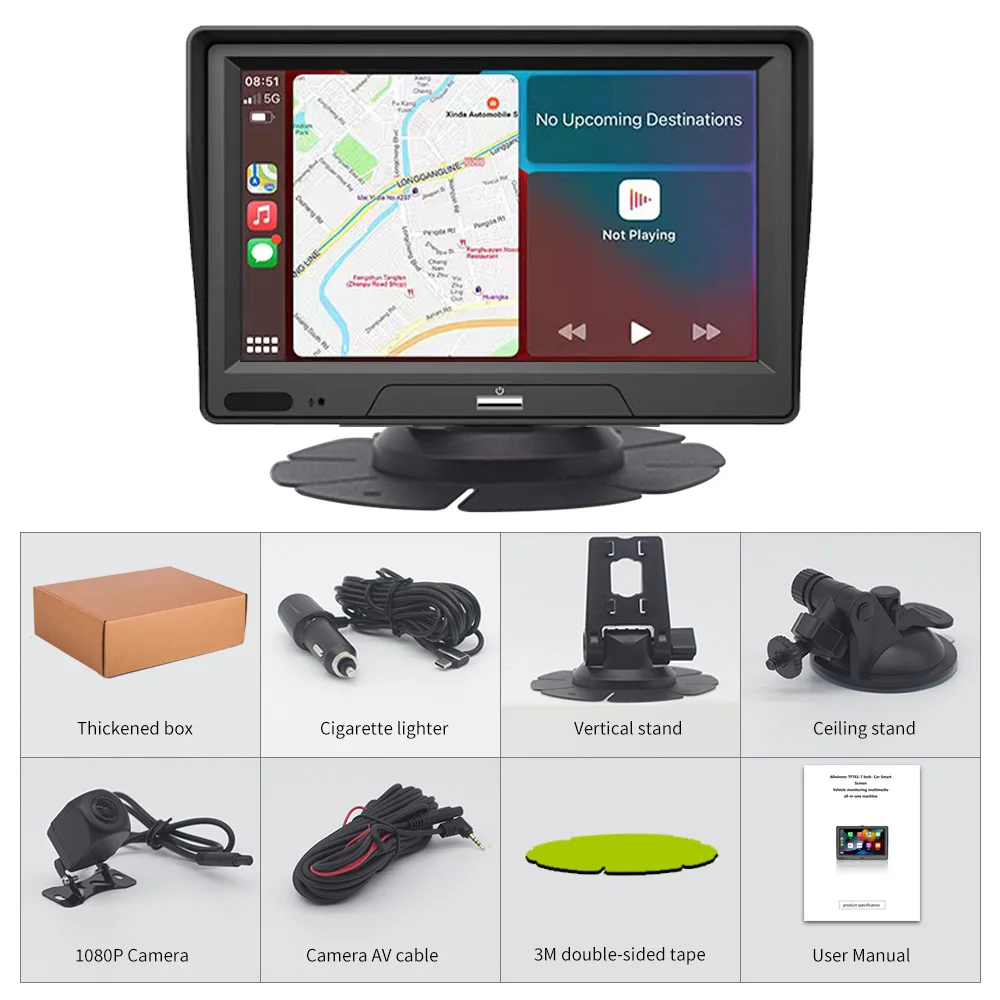 7 ''Wireless CarPlay GPS Navigation Monitor Android Auto Car Player 256G TF Card กันน้ํากล้องด้านหลังดู DVR