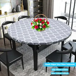 Elastic Edged Vinyl Fitted Tablecloth Round Flannel Backed Table Cover Oil & Waterproof Wipeable Table Cloth Dining table