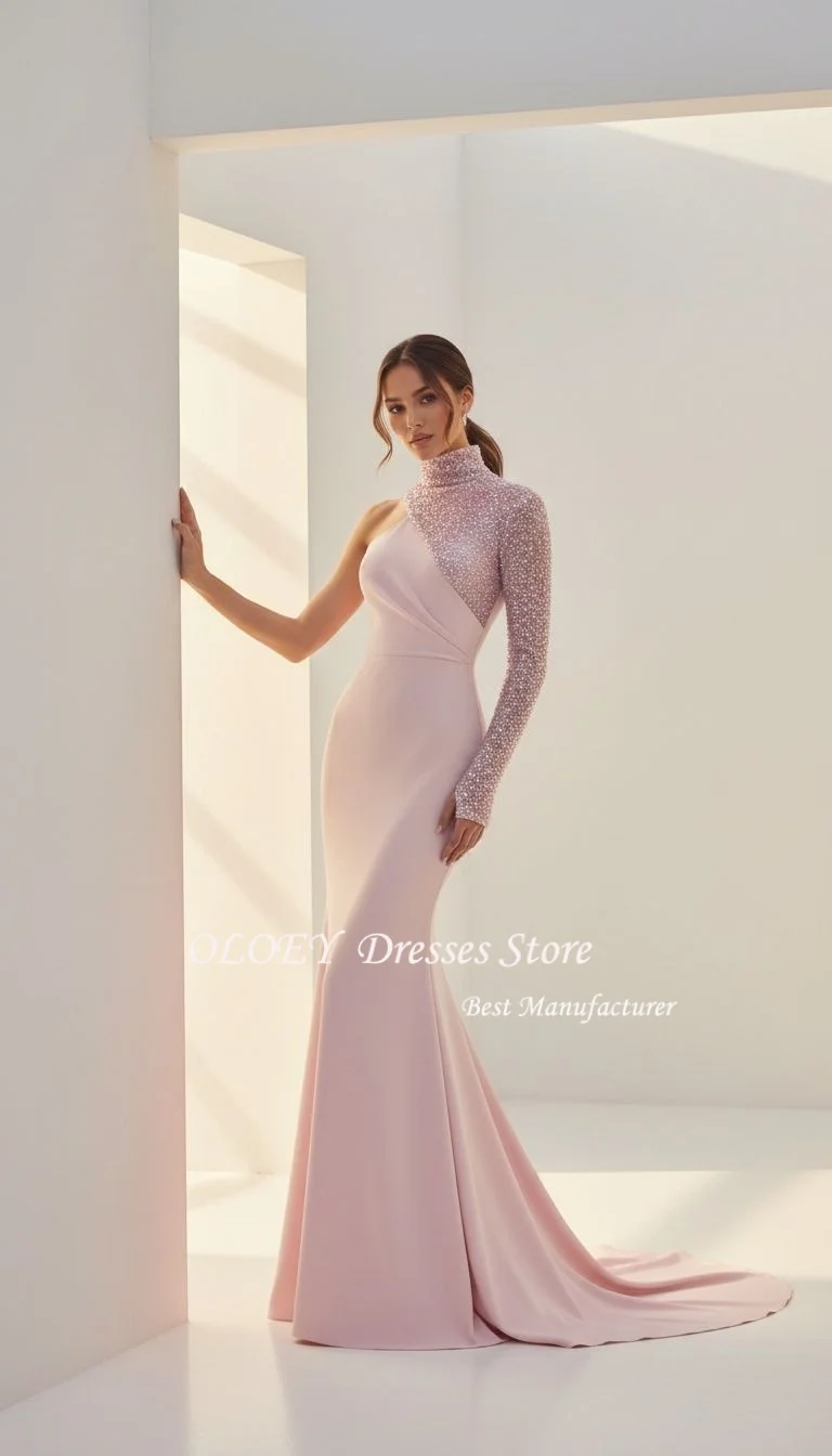 فستان عروس وردي فرشاة من OLOEY مقاس مخصص بكتف واحد مطرز باللؤلؤ جيسي قابل للتمدد حورية البحر فساتين سهرة للضيوف