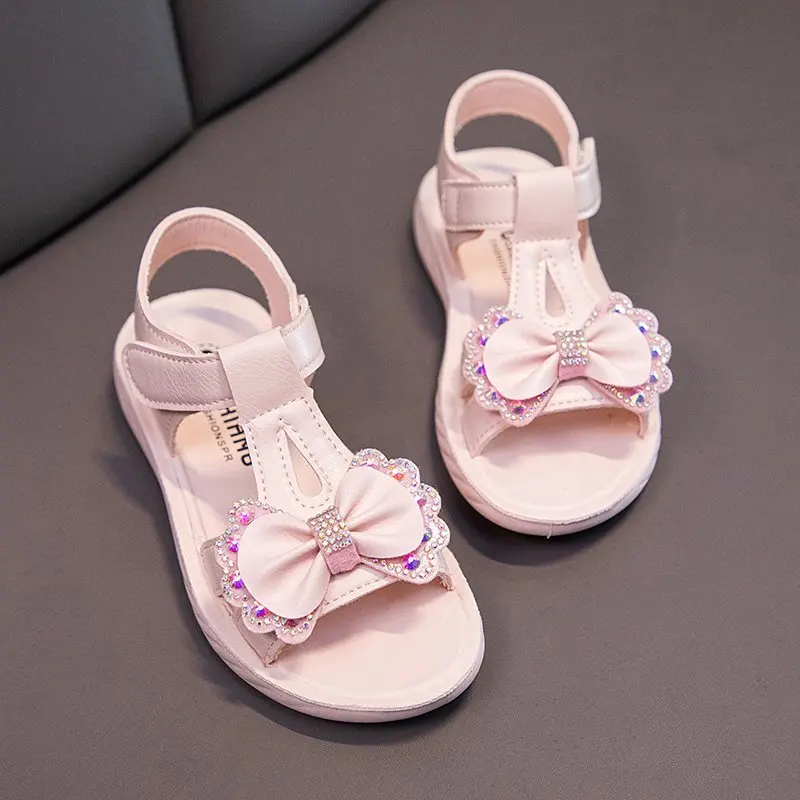 Girls Open-Toe bowknot Hook And Loop Sandals Non-Slip Princess Shoes For Kids Children