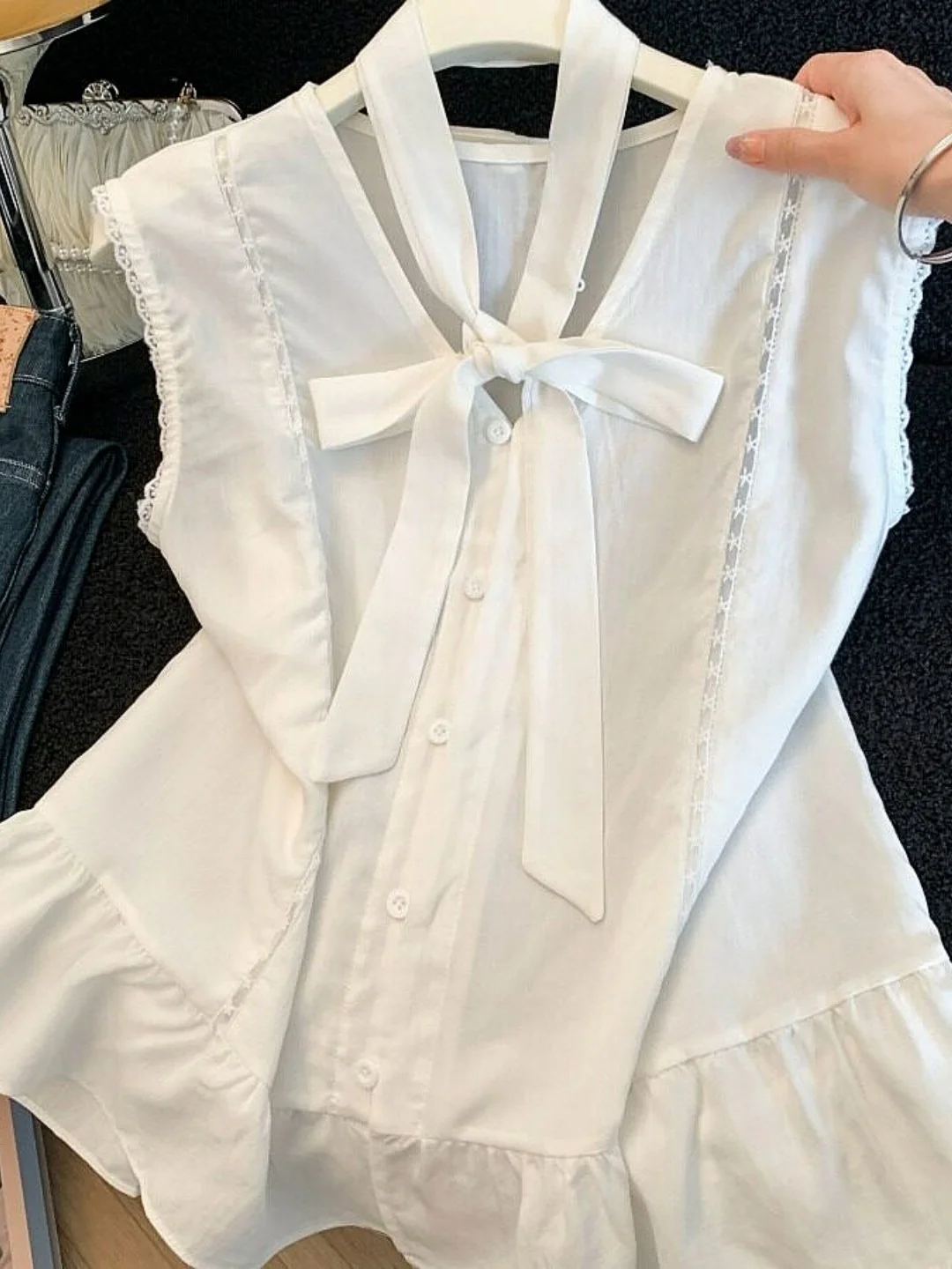 

Elegant Korean Sweet Style V-Neck Ruffle Top Summer Fashion Blue Shirt Layering Backless Vest Anti-Aging Women's Shirt