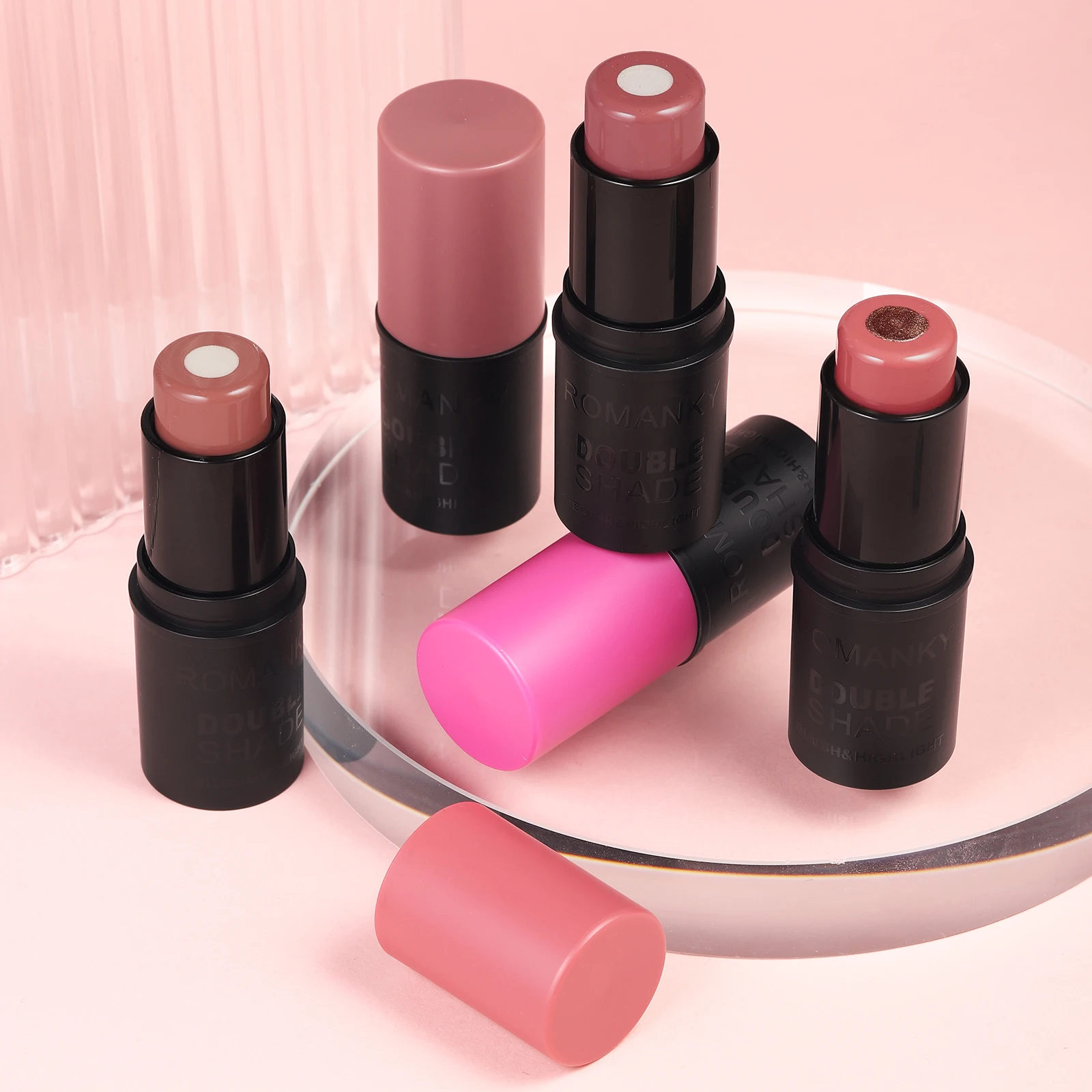 2 في 1 عصا أحمر الخدود الصلبة غير اللامعة + أحمر خدود مضيء متعدد الوظائف باللون البرتقالي لتفتيح الوجه وطبيعي يدوم طويلاً