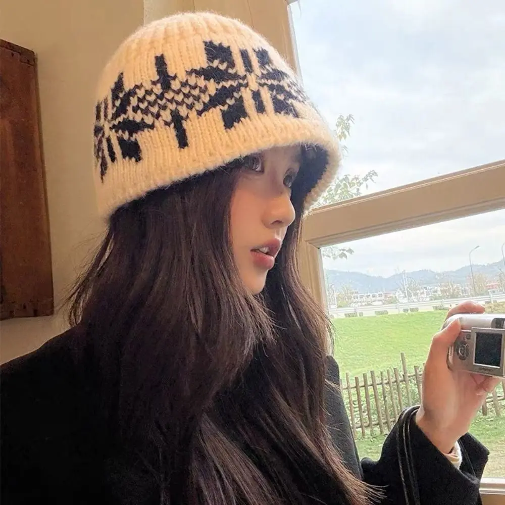 أزياء الجاكار الدافئة محبوك قبعة الصوف خمر ندفة الثلج بيني مطبوعة الرجعية الطباعة متماسكة قبعة الخريف #1