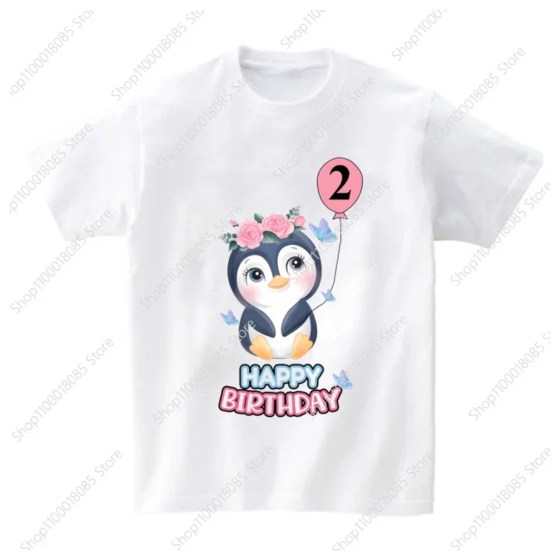 Family Matching Girl Penguin Birthday Number T Shirts Girls Party T-Shirt Kids Animal Theme Tops Clothes Print Short Sleeve Tee