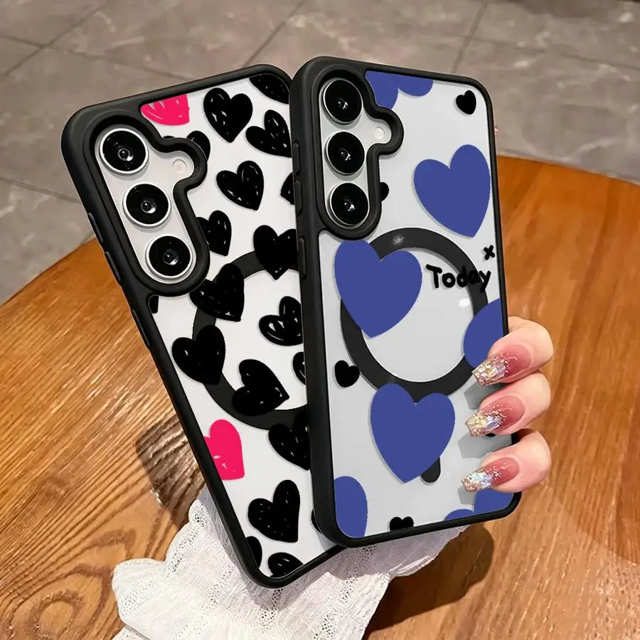 Magnetic Cover Phone Case for Samsung Galaxy A57 A35 A25 F17 A26 A17 A37 A55 A36 A16 A15 A56 A54 A27 M17 Blue Black Heart Love