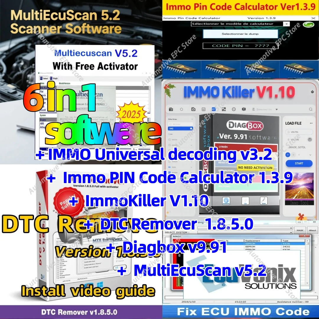 

ImmoKiller V1.10 IMMO Универсальное декодирование v3.2 Immo PIN-код Калькулятор 1.3.9+DTC Remover 1.8.5.0+Diagbox v9.91+MultiEcuScan v5.2