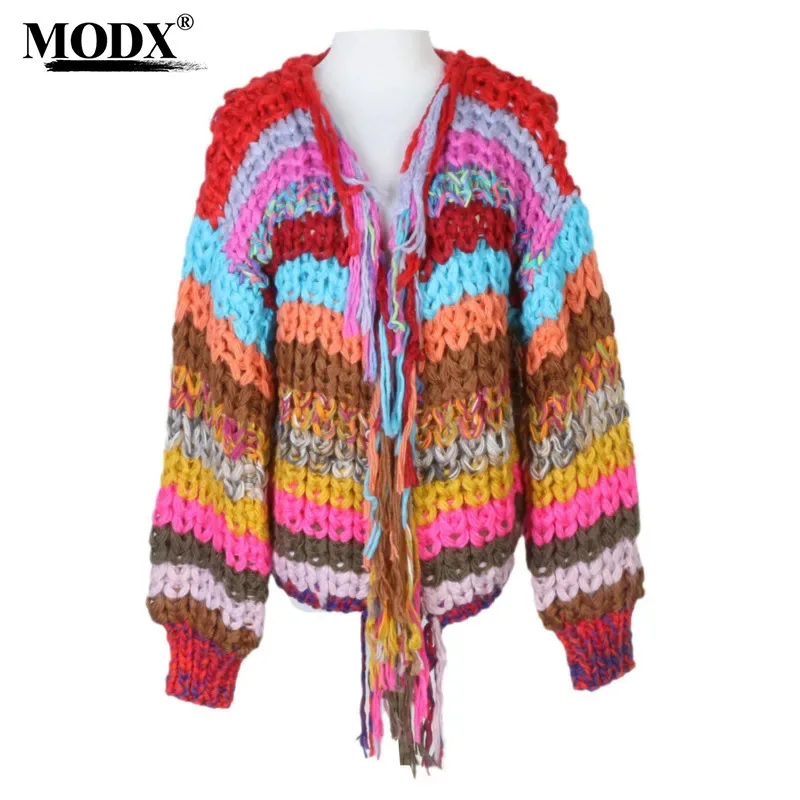 [MODX] Lazy Style Sweater Women's Cardigan Rainbow Contrasting Color  Winter New Style Long Sleeved Knitted Jacket Thick