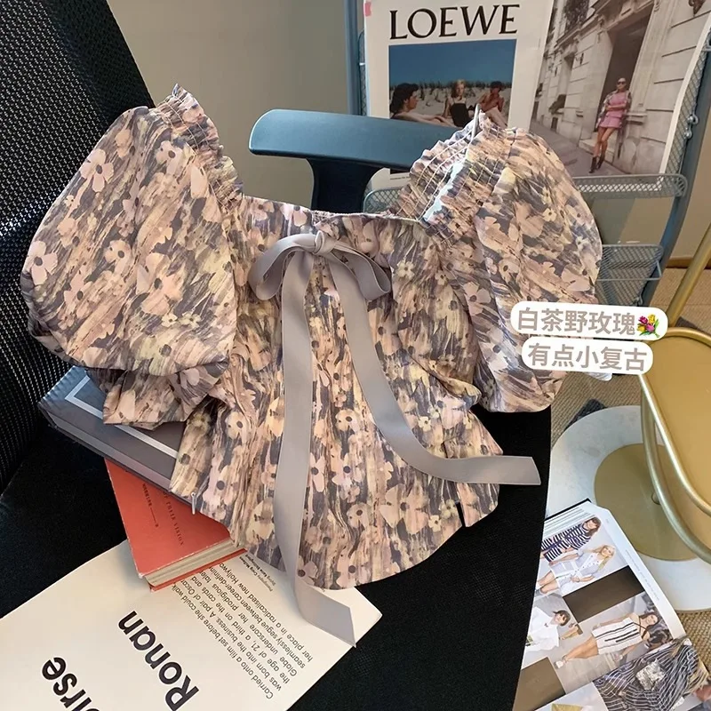 

Puff Sleeve Square Neck Blouse for Women Spring French Style Gentle Sweet Sexy Doll Shirt with Tie Bow Short Blouse