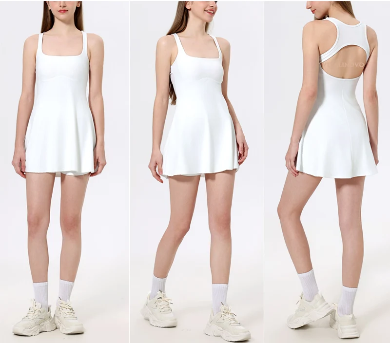 VITALINOVO Zweiteiliges Damen-Tenniskleid mit quadratischem Ausschnitt und Shorts, offener Racerback, integrierter BH, Workout, sportliche Golfkleider – Detail 7