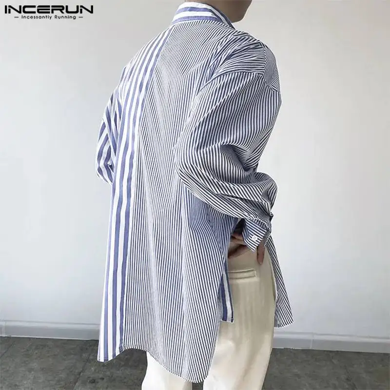 INCERUN Tops 2023 Korean Style New Men\'s Striped Patchwork Design Shirts Casual Streetwear Male Long Sleeved Lapel Blouse S-5XL