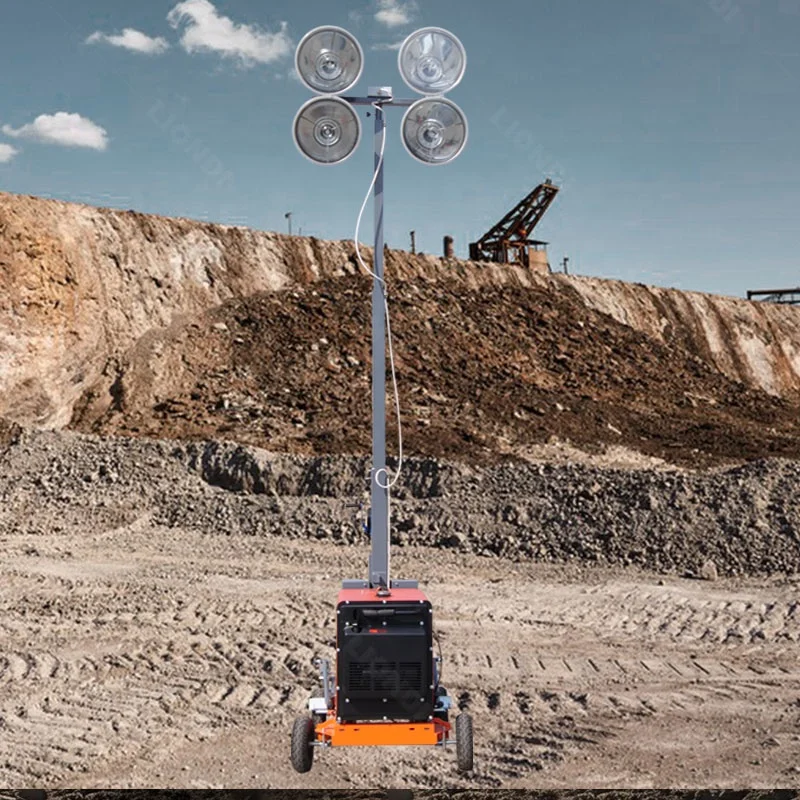 5M Telescopic Mast Mobile Light Tower Trailer 4*1000W LED Waterproof Construction Mining Lighting Customized