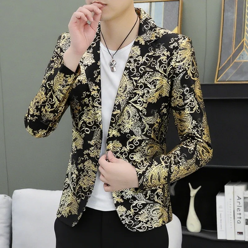 Modny męski garnitur slim fit z kwiatowym haftem, młodzieżowy, stylowy, z ukrytymi kwiatami, zachodni, długi płaszcz.