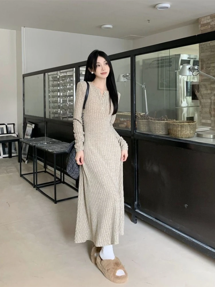 Chic Korean Ribbed Knit Dress Women Autumn Winter Slim Fit Long Sleeve Sweater Dress Elegant Stretchy Base Layer