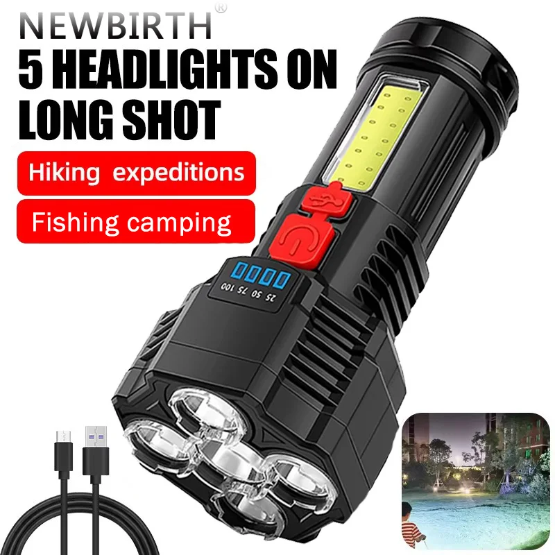 

5LED High Power Led Flashlights Rechargeable Camping Spotlight with Side Light 3 Lighting Modes for Camping Adventure Outdoor