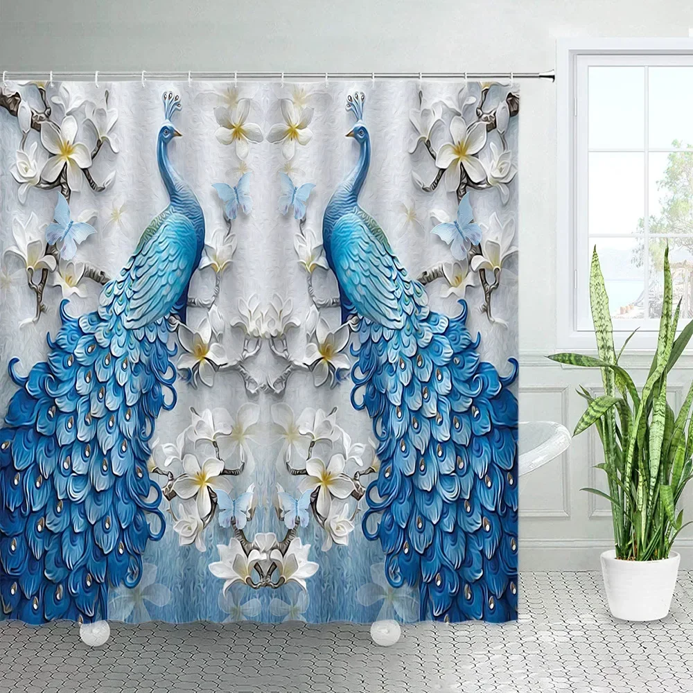 Floral Peacocks Shower Curtains Relief Flowers Plants Blue Birds Chinese Style Printed Bath Curtain Fabric Bathroom Decor Hooks