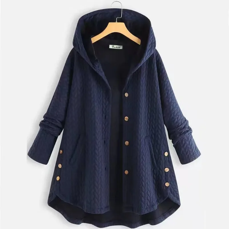 Women Hooded Long Coat Single Breasted Irregular Hem Solid Color Knitted Outerwear Autumn Winter Casual Loose