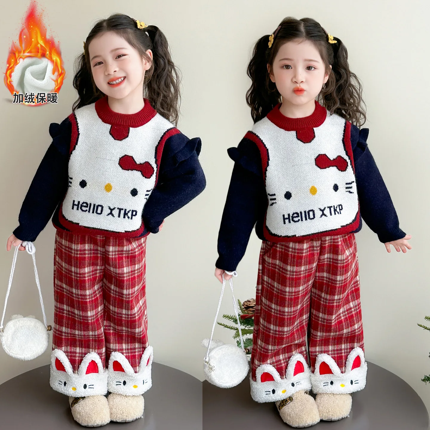 

Anime Girls' Winter Set Korean Fashion Hello Kitty Thick Sweater Children's Sweet Plush Sweater Checkered Pants Two Piece Set