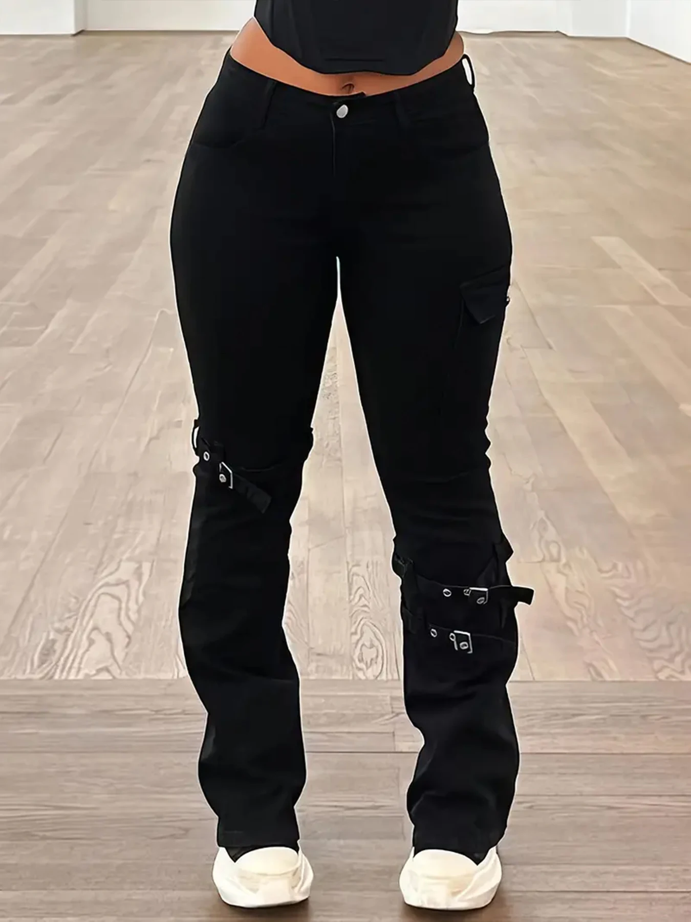 

Women's Plus Size Solid Black Stretch Denim Side Pocket Buckle Strap Detail Stretchy Slim Fit Flare Pants