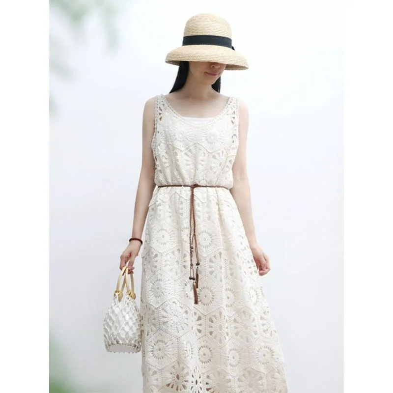 2025 nouvelle robe femmes tricot dentelle longue évider Sexy gilet col rond creux été Style hauts t-shirts ample basique bleu