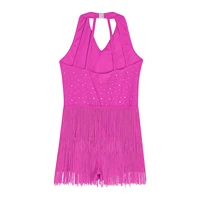 Vestido de leotardo latino para niñas, mono con flecos y diamantes de imitación, vestido con falda, mono sin mangas con borlas y cuello en V para puesta en escena