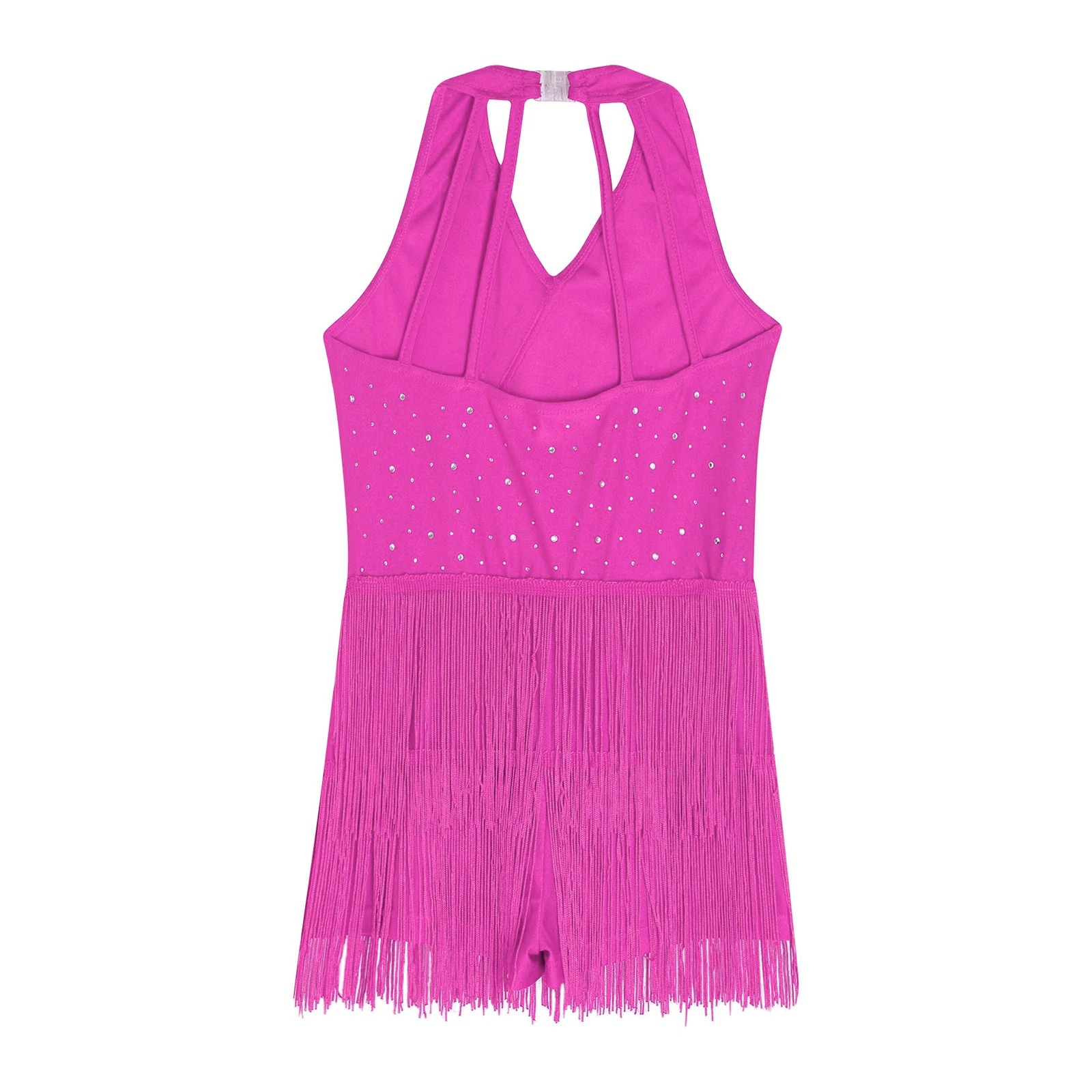 Kids Girls Latin Leotard Dress Rhinestones Fringe Bodysuit Skirted Dress V-neck Sleeveless Tassel Jumpsuit for Stage Performance