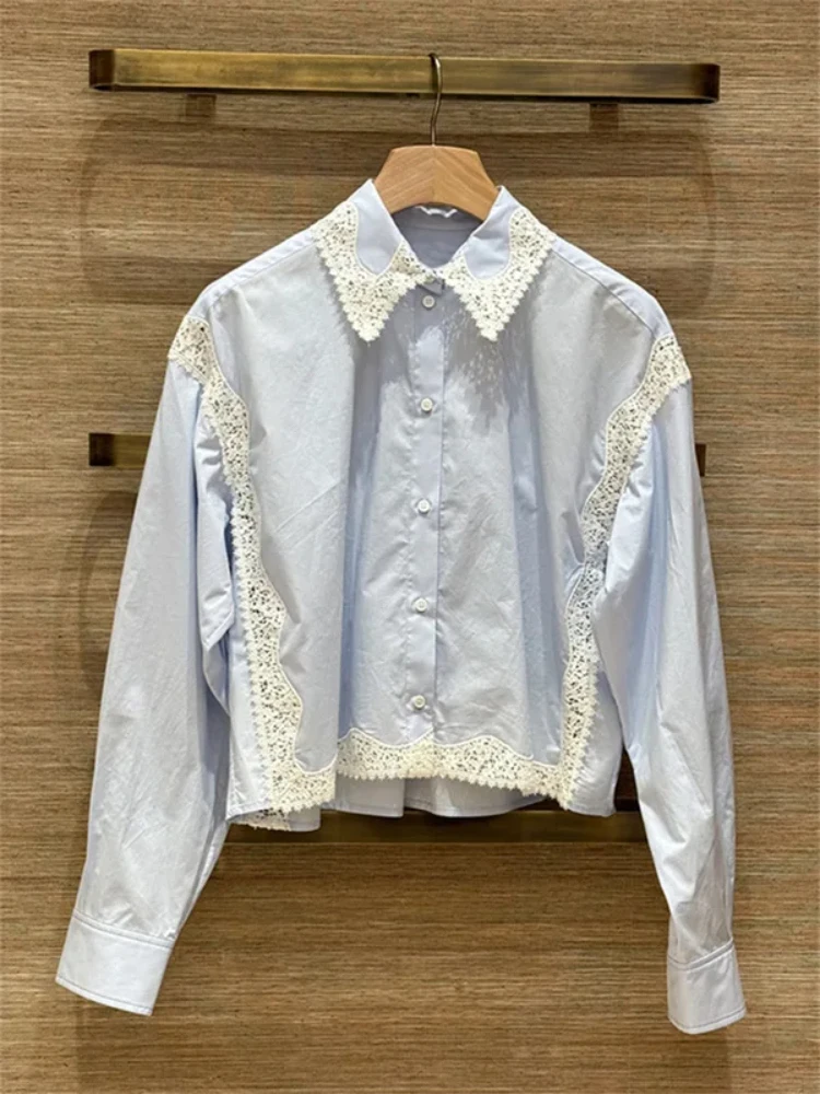 

Lady Single Breasted Loose Blouse +Drawstring Shorts Wave Edge Hollow Lace Splicing Women Light Blue Shirt+ Shorts Summer 2026