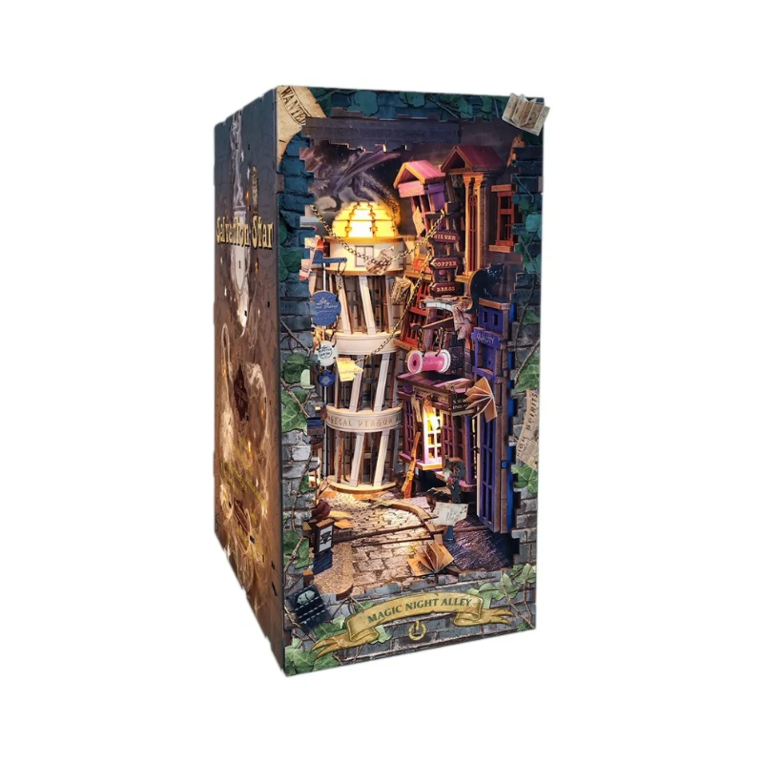 

Magic night lane creative bookshelf tabletop ornament DIY hut handmade wooden assembly with lights Christmas gift booknook