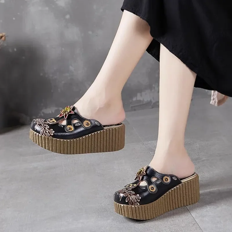 GKTINOO 2024 Wedge Slides Shoes Women Cover Toes High Heels Flower Sandals Summer Female Genuine Leather Platform Slippers