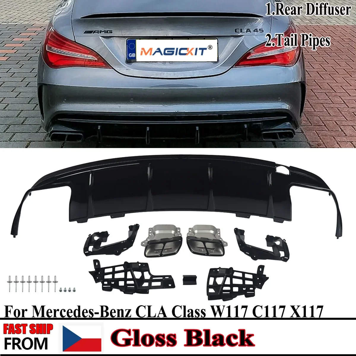 MagicKit FOR MERCEDES AMG W117 C117 X117 GLOSS BLACK REAR DIFFUSER QUAD EXHAUST TAILPIPES