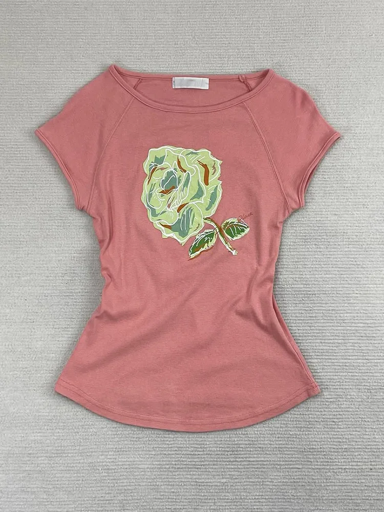 

Floral End Original Korean Sle Unique Beautiful Pink Women's T-irt Lazy Loose Feelings ort Sve Cotton Blend Summer Top