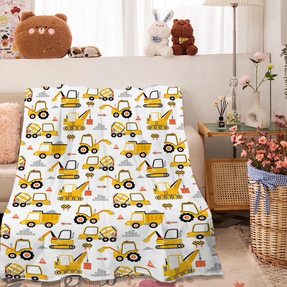 Contemporary Flannel Fleece Bed Blanket, Cozy Soft Throw, Machine Washable, with Excavator Cartoon Print, for Ideal Gift
