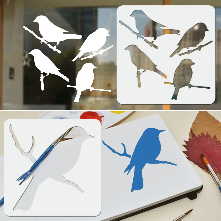 4 قطعة فرع مرسومة باليد مقاس 6*6 بوصة مع قالب أربعة طيور AI/PSD نمط زخرفي قابل للتحرير بدون قطع لبطاقة المجلات مواد ذاتية الصنع