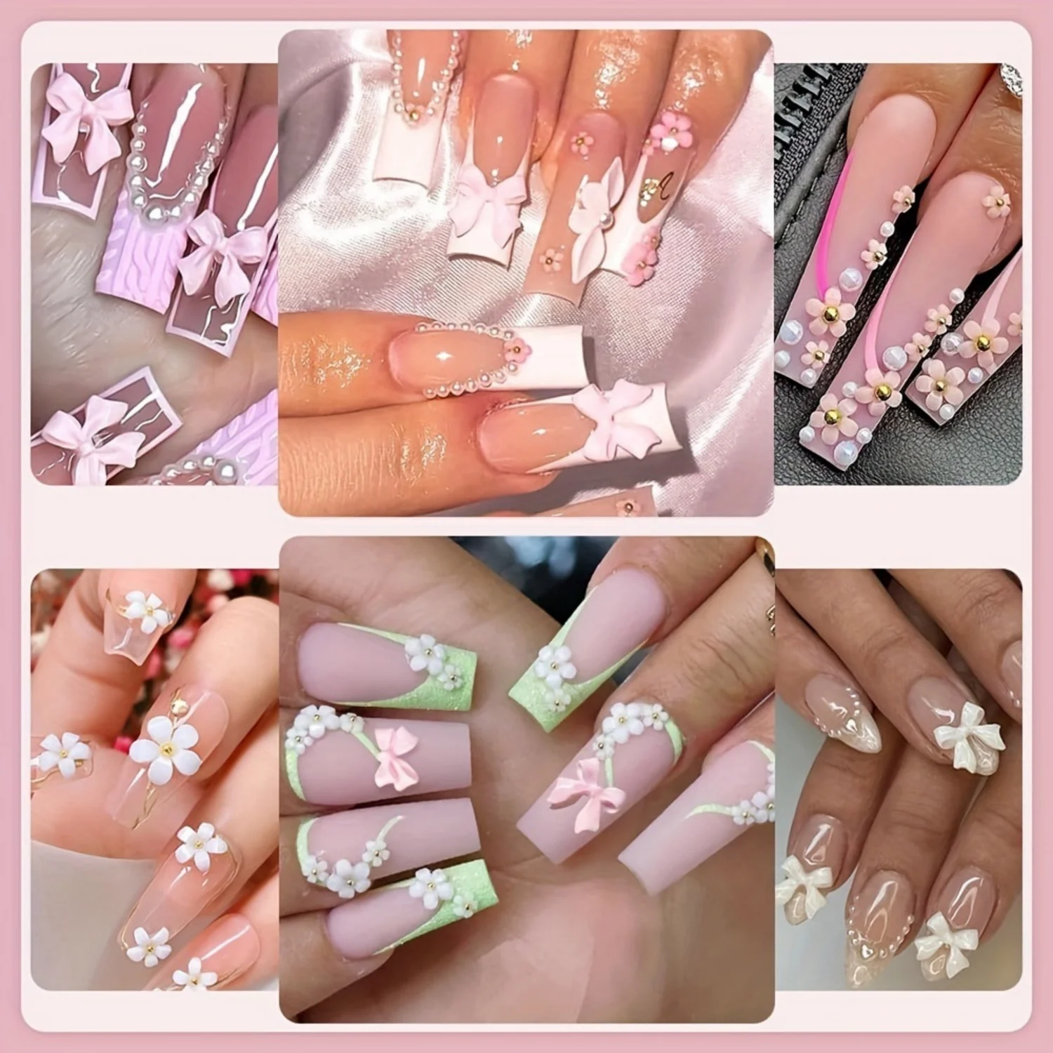 7 grille mixte acrylique nœud papillon 3D Nail Art décorations fleur résine breloques perles Caviar perle mixte strass accessoires en boîte