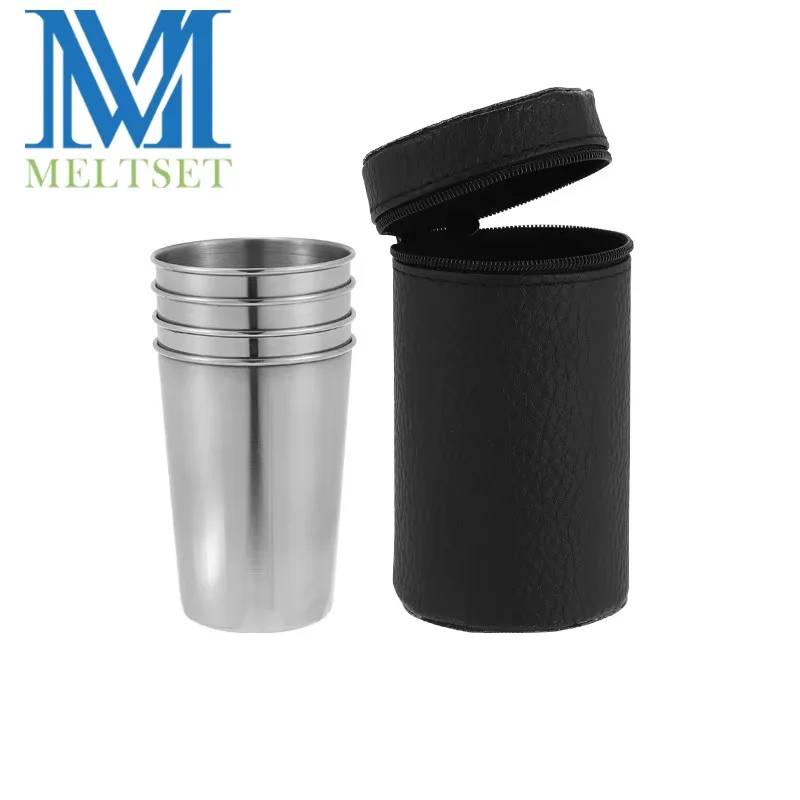 Meltset M 4pcs Stainless Steel Shot Cup Set 170ml Portable Camping Liquor Cups with Leather Case Outdoor Travel Drinkware