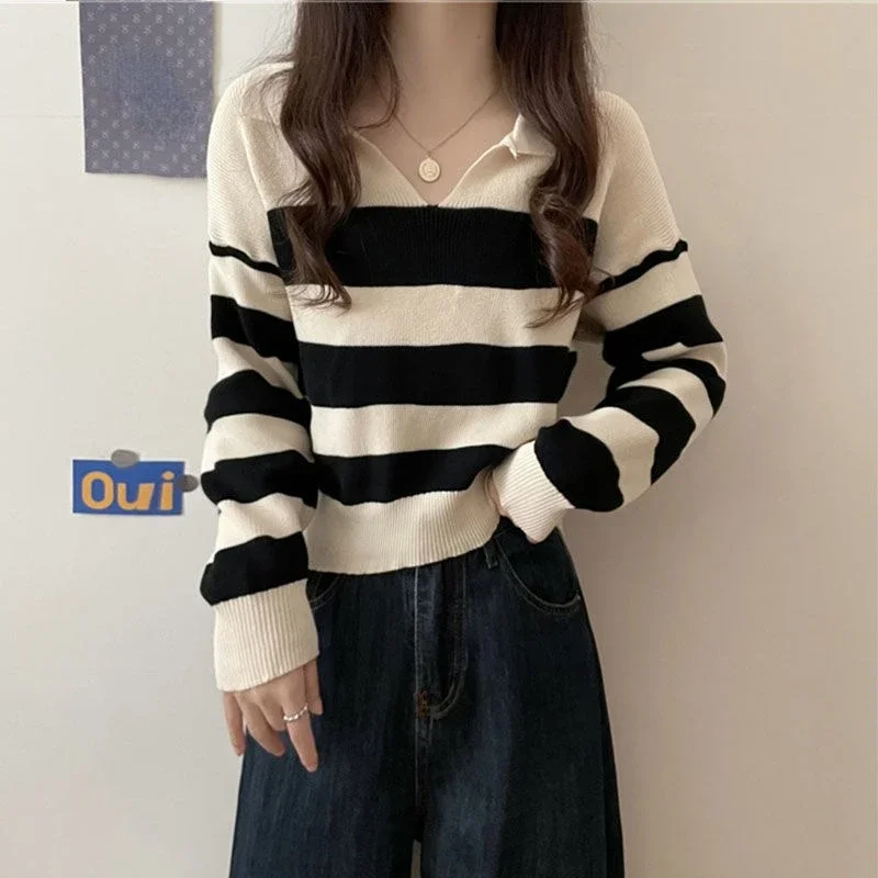 بلوفرات نسائية مخططة بتصميم نحيف ورقبة على شكل حرف v قماش حياكة على الطراز الكوري أنثى كل مباراة بسيطة موضة جديدة ربيع الخريف غير رسمية