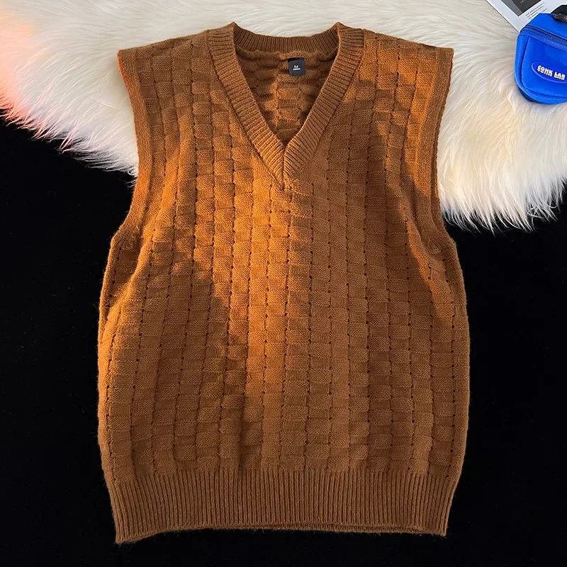 Sweater tanpa lengan leher V pria, rompi rajut berlian longgar warna polos, Sweater tanpa lengan musim gugur dan dingin untuk lelaki