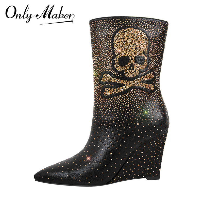 Onlymaker Women  Wedge Black Ankel Boots  Party Dress skull Lady Matte Handmade Fashion Punk Booties