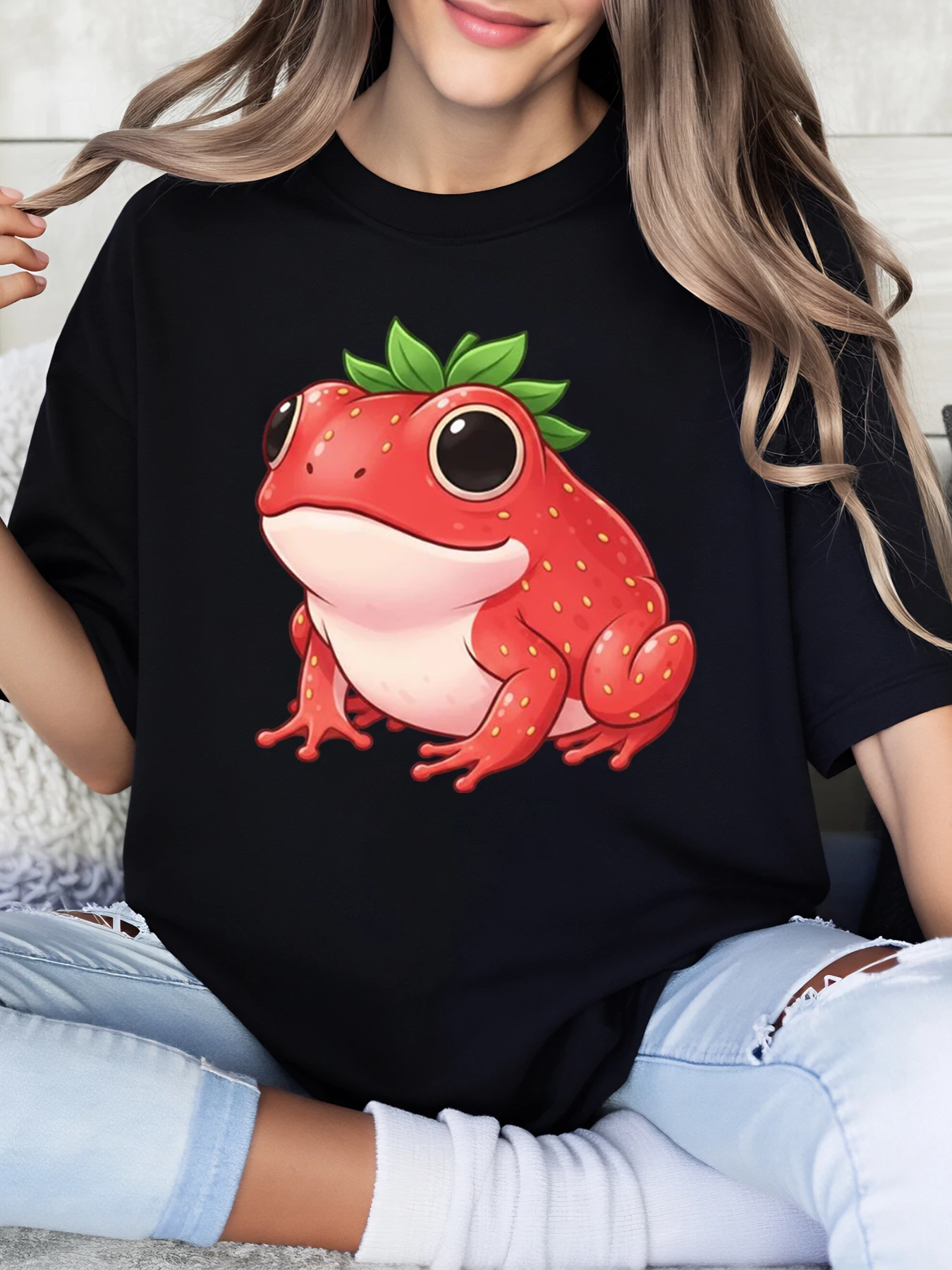 イチゴ カエル プリント Tシャツ 夏 レディース カジュアルウェア アウトドア ブラック プラスサイズ