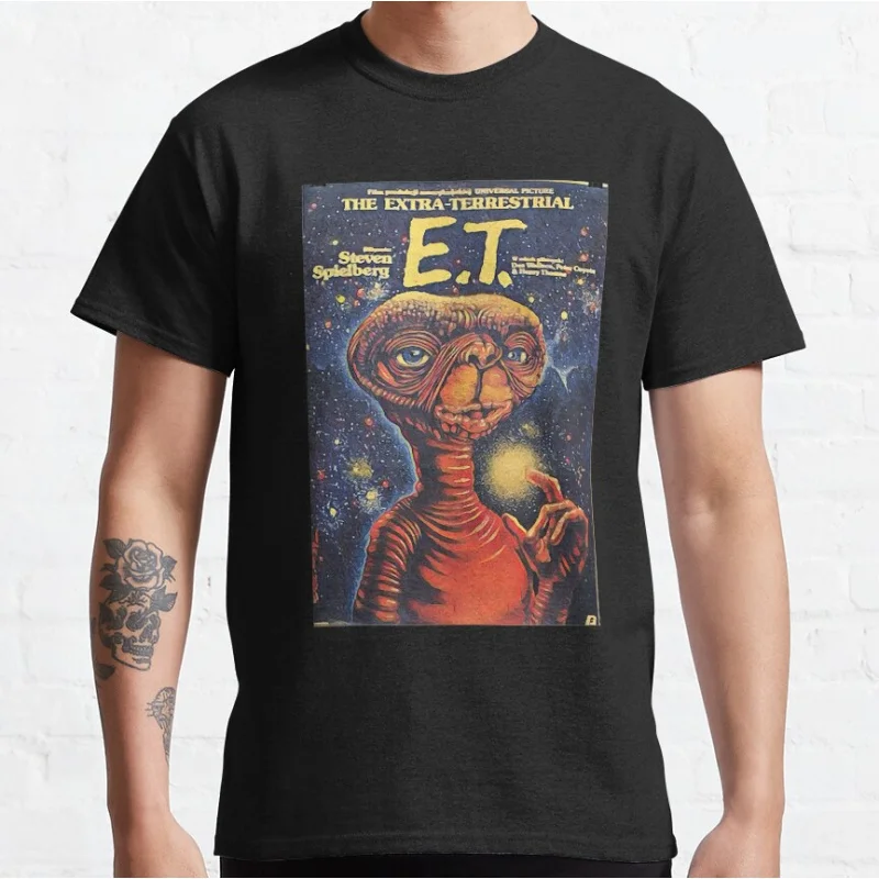 ET The Extra Terrestrial 80s Horror movie Alien E.T. Sci fi Short-sleeve crewneck T-shirt for men large size Adult Tops S-6xl