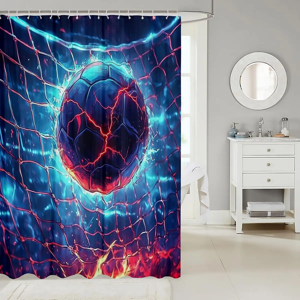 Fire Soccer Sport Shower Curtain, Lightning Blue Fire Print, Waterproof Modern Bathroom Decor with 12 Hooks for Boys Men