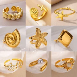 Starfish and Shell Conch Stainless Steel Rings for Women Gold Color Elegant Wedding Party Aesthetic Zircon Ring Beach Jewelry