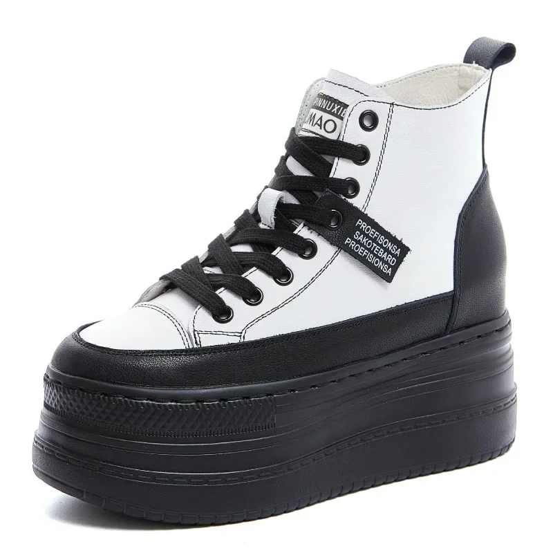

High quality 9CM Full Cow Genuine Leather Women Shoes Platform Wedge Sneakers High Top Women Ankle Boots Fashion Sneakers Spring