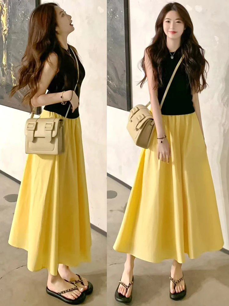 

Yellow High Waist A-Line Skirt Women's Gentle Sle f-length Summer New Design Slimming Skirt Korean System Pleated Skirt