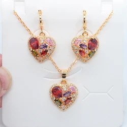 Fashion Gold Color Women Multicolor Cubic Zirconia Love Hearts Earrings & Pendant Jewelry Set