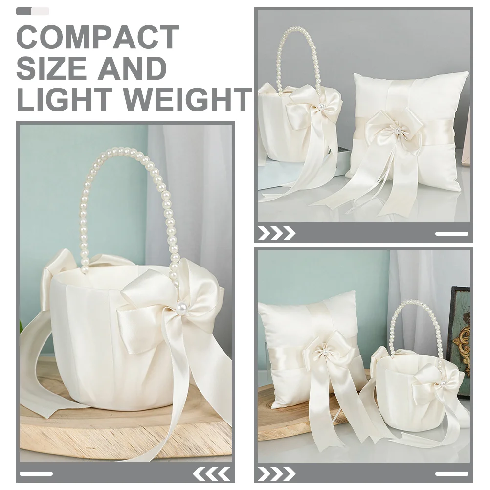 

1Set Pearl Inlaid Flower Basket Wedding Ring Pillow Romantic Accessories Supplies Ring Pillow Flower Girl Basket