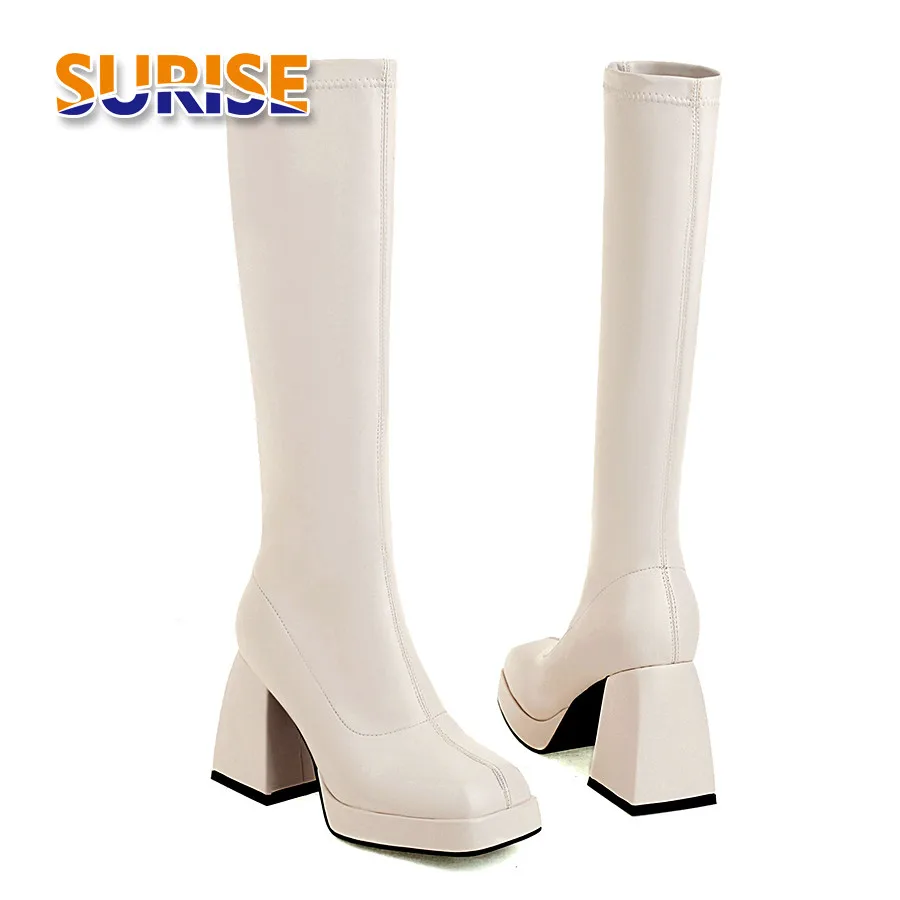 

White Stretch Microfiber Knee High Platform Boots Women Block Heels Black Party Club Dress Ladies Fashion Square Toe Long Boots