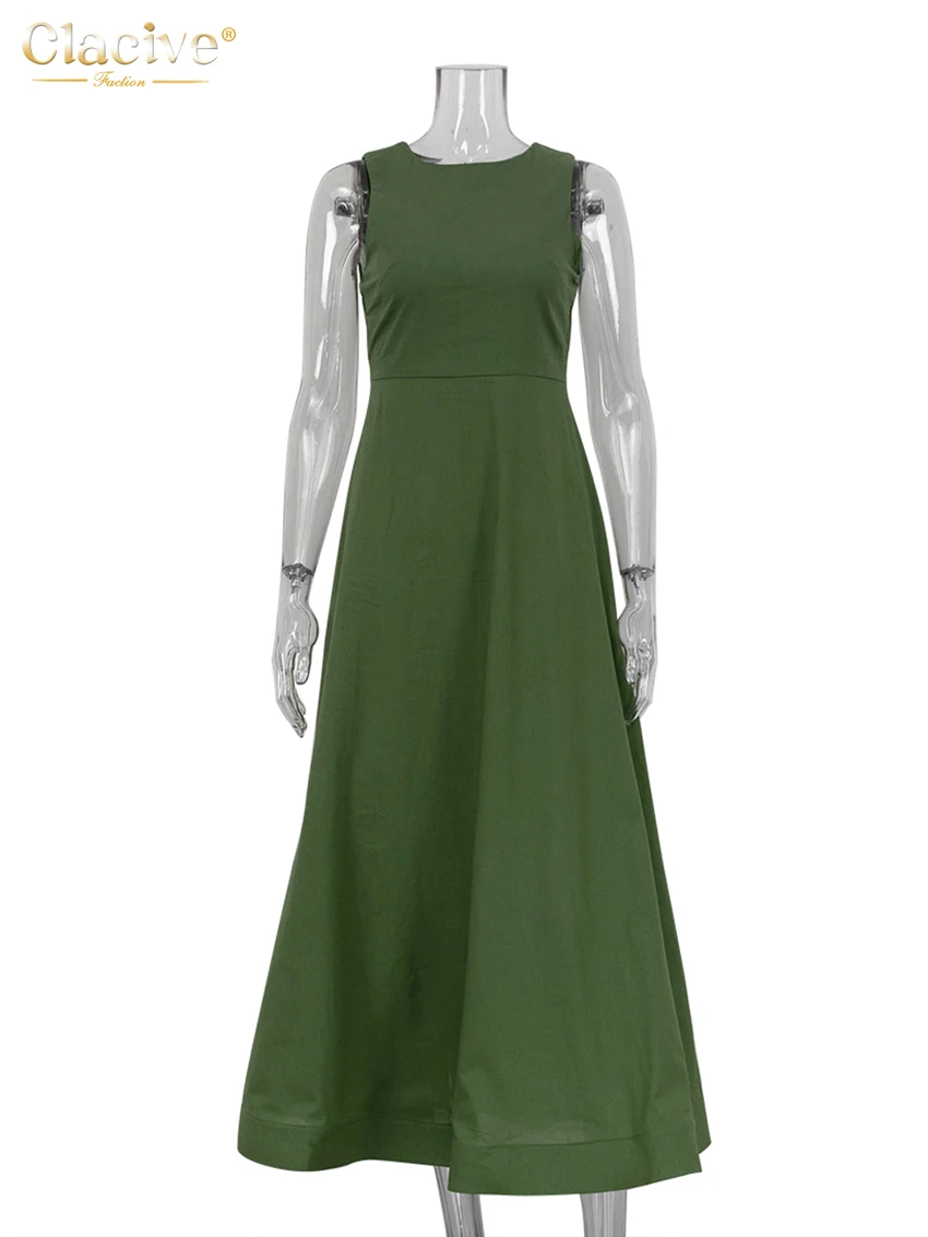Clacive Casual Green Cotton Women\'S Dress Summer O-Neck Sleeveless Ankle Length Dresses Elegant Classic High Waist Female Dress